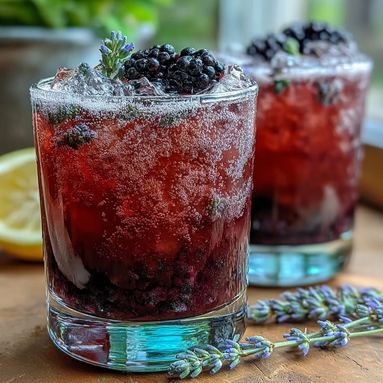 Sparkling blackberry lavender lemonade fizz served with bubbly club soda, garnished with juicy blackberries and lemon wheels for a floral twist.  