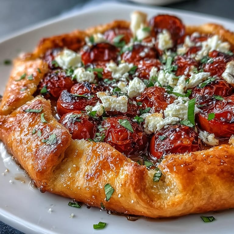 Beautifully golden Roasted Cherry Tomato and Feta Galette, perfect for a light meal.