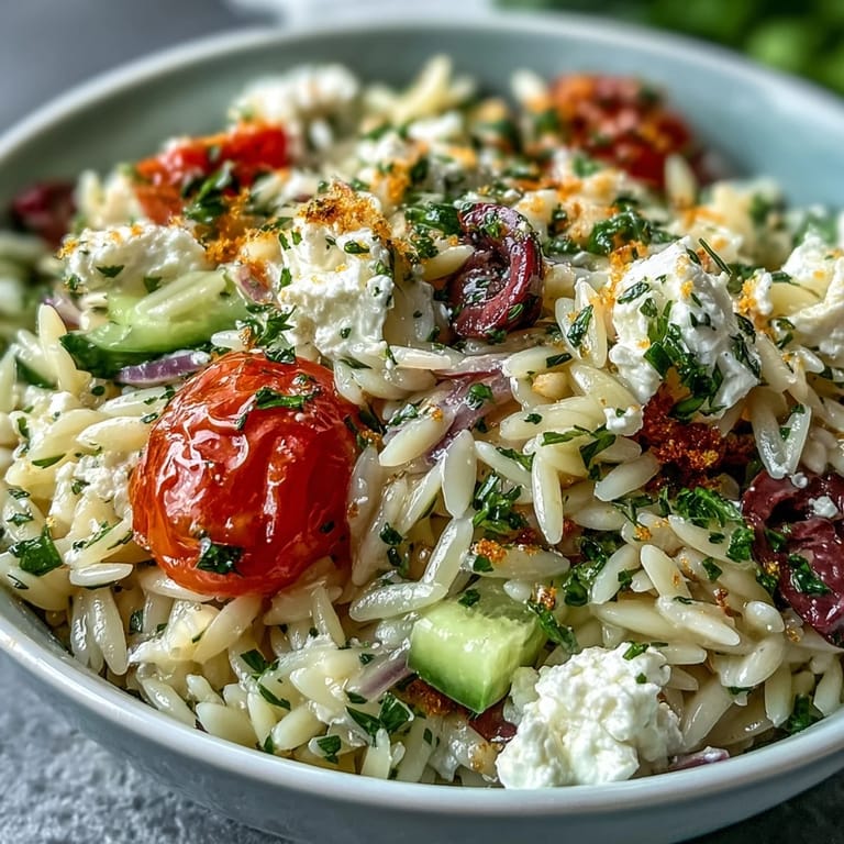 Juicy tomatoes and feta adorn this delicious Summer Orzo Salad with Lemon.