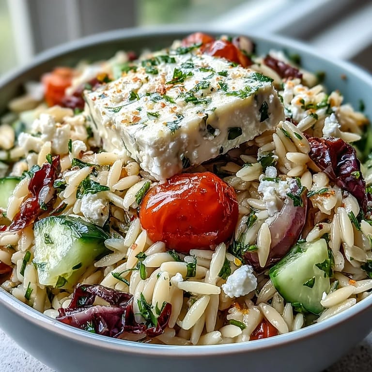 Cool Summer Orzo Salad with Feta and Lemon, perfect for a picnic.