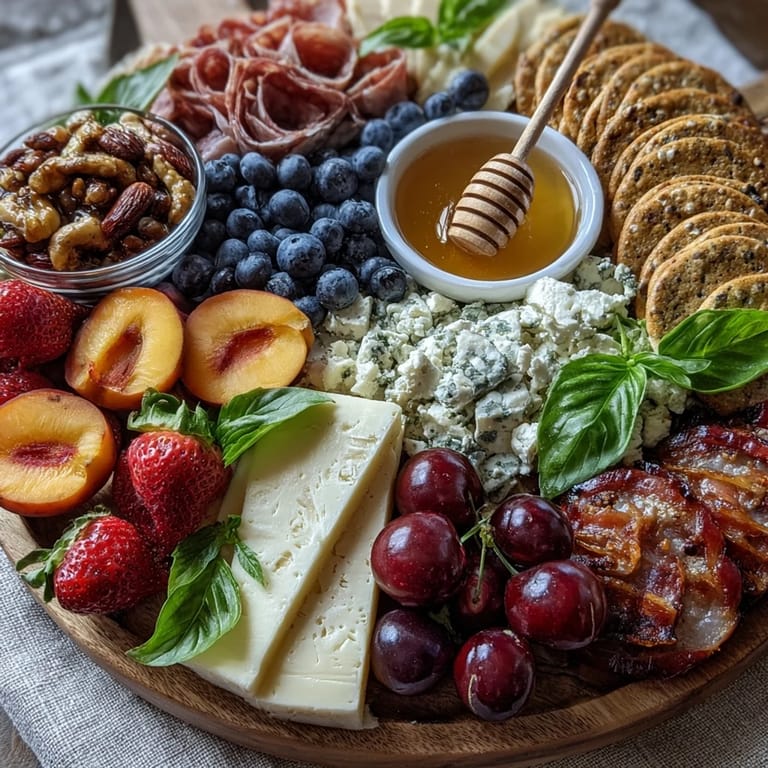 Taste summer with prosciutto, brie, fruit, and honey on this board.