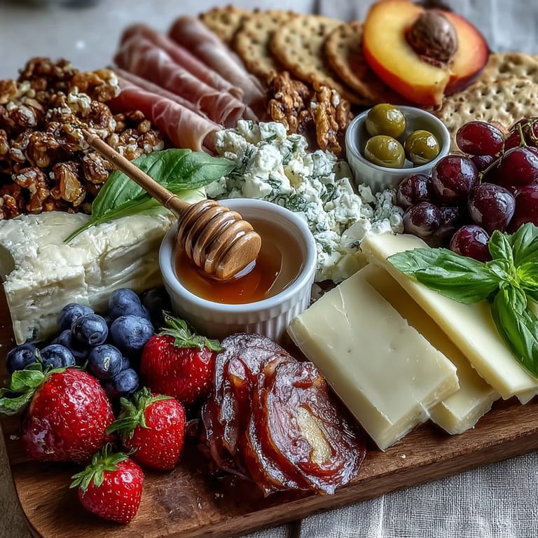 Colorful Summer Charcuterie Board with Fresh Fruit, Honey, and Cheeses.