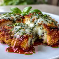 Golden-brown breaded chicken breasts topped with melted mozzarella and Parmesan, drizzled with basil pesto and marinara, served over pasta.
