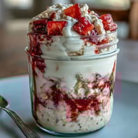 Creamy strawberry cheesecake overnight oats with fresh berries and a cheesecake yogurt layer, served in mason jars for an easy, delicious breakfast.
