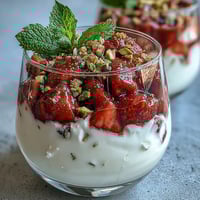 A vibrant pistachio and strawberry breakfast parfait with layers of creamy yogurt, fresh berries, and crunchy granola in a clear glass jar.