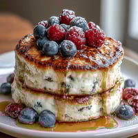 Fluffy cottage cheese and berry protein pancakes topped with fresh blueberries and raspberries.  