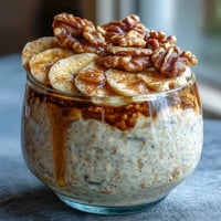 Creamy Banana Bread Overnight Oats with Walnuts, topped with sliced bananas and crunchy walnuts for a wholesome breakfast treat.  