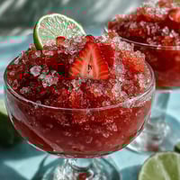 Refreshing light strawberry daiquiri slushies in chilled glasses, garnished with lime and fresh berries.  