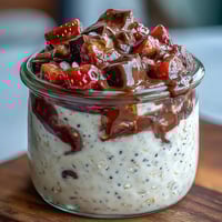 A creamy overnight oats dessert jar layered with fresh strawberries and rich chocolate chunks for a healthy treat.