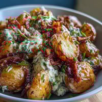 Creamy loaded baked potato salad with smoky BBQ flavor, crispy bacon, cheddar cheese, and fresh herbs in a tangy dressing.  