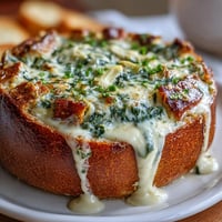 Creamy spinach artichoke dip baked inside a crusty sourdough bread bowl for a festive St. Patrick's Day appetizer.  