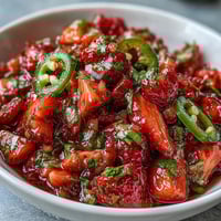 Fresh strawberry salsa with lime and jalapeño, bursting with sweet and spicy flavors in a vibrant bowl.