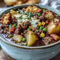 Hearty Shepherds Pie Soup with ground beef, veggies, and potatoes in a savory broth—perfect for a cozy dinner.  