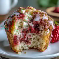 Golden strawberry muffins with white chocolate chips, baked until perfectly moist and bursting with fresh fruit flavor.