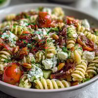 Fresh lemon vinaigrette pasta salad with cucumbers and cherry tomatoes, bursting with zesty flavor and crisp vegetables.  