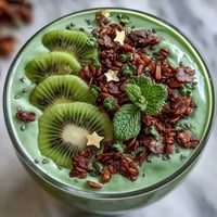 A vibrant green smoothie bowl with fresh spinach and avocado, topped with kiwi slices and granola for a festive St. Patrick's Day breakfast.
