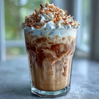 A creamy iced vanilla bean frappuccino with toasted coconut foam, perfect for cooling off on a hot day.