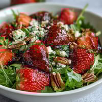 Spring Dinner Party Strawberry Arugula Salad with Balsamic Glaze - A vibrant mix of peppery arugula, sweet strawberries, and creamy goat cheese topped with toasted nuts and tangy balsamic drizzle.