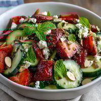 Fresh cucumber and strawberry salad with mint, tossed in a light lemon-honey dressing for a bright, spring-inspired side dish.