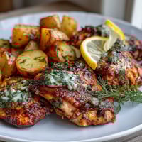 Golden roasted chicken with fresh lemon and herbs, surrounded by crispy baby potatoes for a spring dinner feast.