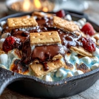 Gooey chocolate and toasted marshmallows bubble in a cast iron skillet for festive 4th of July s'mores dip.