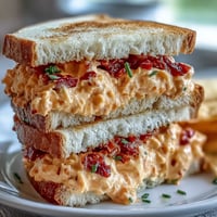 Creamy pimento cheese finger sandwiches with sharp cheddar and diced peppers, arranged on a white platter for Derby parties.