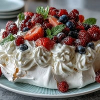 Classic pavlova with fresh berries and cream, crisp meringue base topped with fluffy whipped cream and a vibrant berry medley.