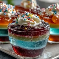 Rainbow Jello Cups for Kids: Vibrant, layered fruity gelatin in clear cups, topped with fluffy whipped cream and rainbow sprinkles.
