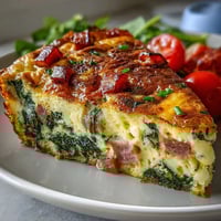 One-Pan Ham and Swiss Frittata with golden cheese and savory ham, baked to fluffy perfection in a cast-iron skillet.  