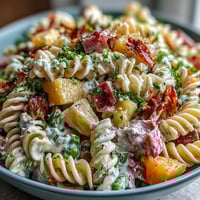 Tropical Hawaiian pasta salad with ham, pineapple, and ranch, perfect for summer picnics and potlucks.  