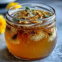 Bright, golden dandelion jelly with fresh lemon and honey, perfect for spreading on warm toast or scones.