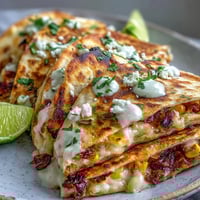 Crispy Cinco de Mayo Street Corn Quesadillas with melted cheese and roasted corn, served with smoky chipotle crema for dipping.  