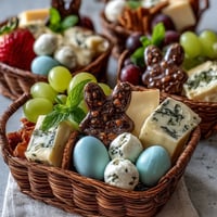 Festive mini Easter basket charcuterie board with colorful cheeses, cured meats, and fresh fruits arranged in small bowls.