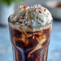 Coconut Cold Brew Float with Vanilla Bean Ice Cream in a tall glass, topped with toasted coconut flakes and mint.