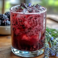 Refreshing blackberry lavender lemonade fizz with vibrant purple hue, fresh lemon slices, and lavender sprigs in tall glasses over ice.  