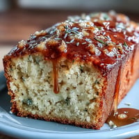 A moist lemon lavender loaf cake with honey glaze, topped with lemon zest and lavender buds for a fragrant dessert.