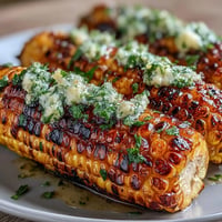 Bright grilled corn platter with four colorful herbed butters, ready for summer.